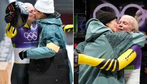 Kim Meylemans (li.) und Ehefrau Nicole Rocha busselten sich im Ziel des Eiskanals von Cortina ...
