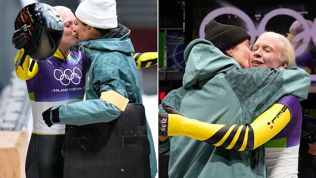 Kim Meylemans (li.) und Ehefrau Nicole Rocha busselten sich im Ziel des Eiskanals von Cortina ...