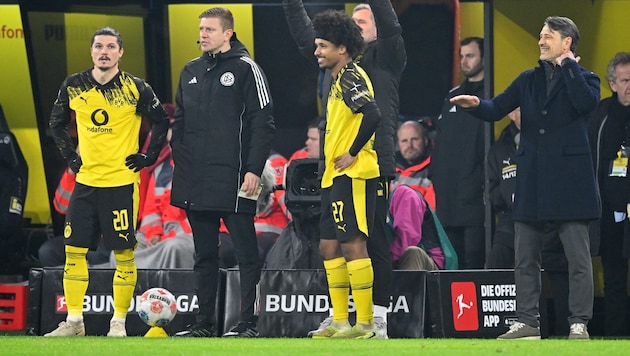 Ex-Bullen bei Dortmund: Marcel Sabitzer (li.), Karim Adeyemi (Mitte), Niko Kovac (r.)