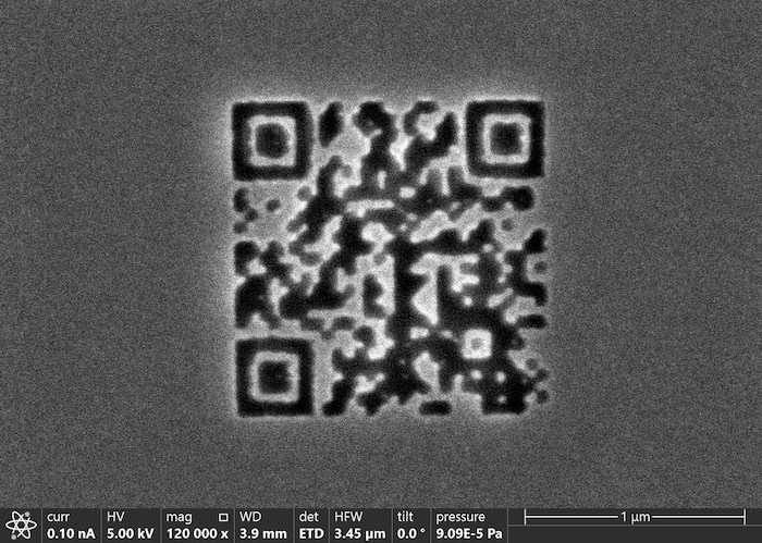 Der Code besteht aus 29 mal 29 Modulen, wobei die einzelnen Bildpunkte nur 49 Nanometer groß ...