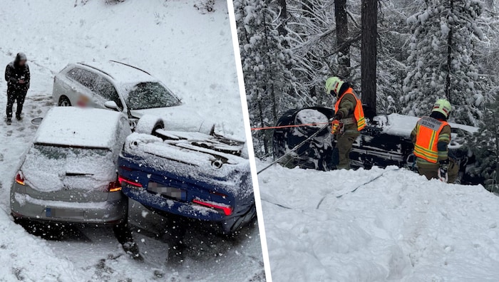 In Eben am Achensee krachten mehrere Autos zusammen (links). Im Ötztal stürzte ein Pkw ab.