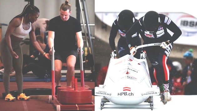 „Krone“-Reporter Chris Hauke im Selbstversuch mit Bob-Anschieberin Christania Williams.