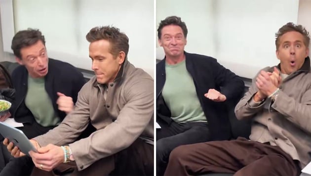 Die Hollywood-Schauspieler Ryan Reynolds (re.) und Hugh Jackman verfolgten die Auslosung des FA ...