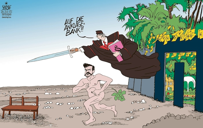 Ebenso wie den nackten René Benko am Weg zur Anklagebank