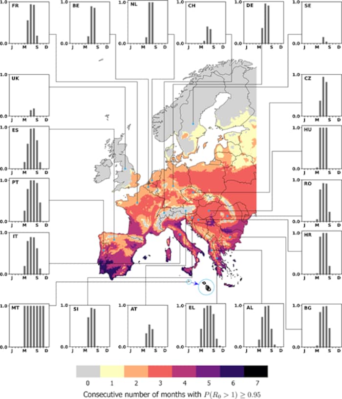So breitet sich das Chikungunya-Risiko aus: Diese Karte zeigt, wo in Europa die Tigermücke Aedes ...