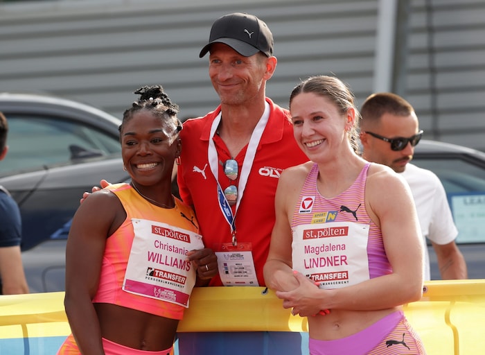 Sprint-Nationaltrainer Philipp Unfried (M.) mit Gattin Christania Williams (li.) und Schützling ...