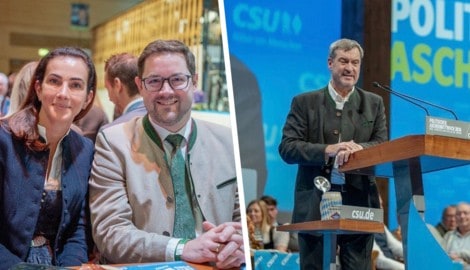 Lisa Müller und Florian Hiegelsberger plauderten vor der Rede von CSU-Chef Markus Söder (re.).