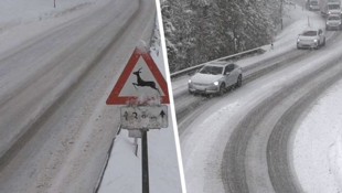 Am Arlberg (li.) und am Fernpass (re.) herrscht mitlerweile Kettenpflicht.