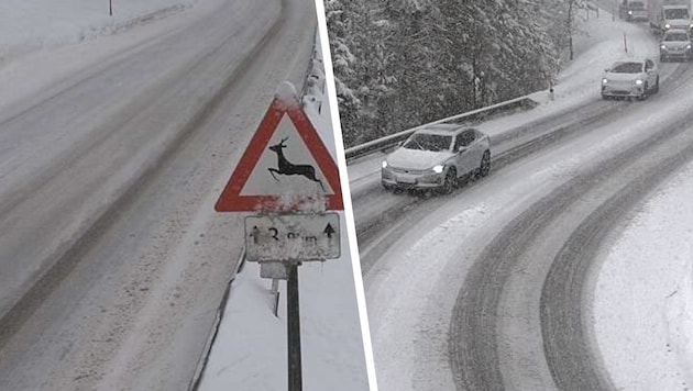 Am Arlberg (li.) und am Fernpass (re.) herrscht mitlerweile Kettenpflicht.