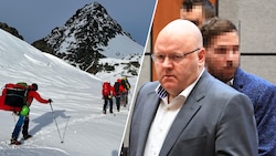 Bergretter damals beim Aufstieg zur Unglücksstelle (Bild links). Der Angeklagte wird von Anwalt ...