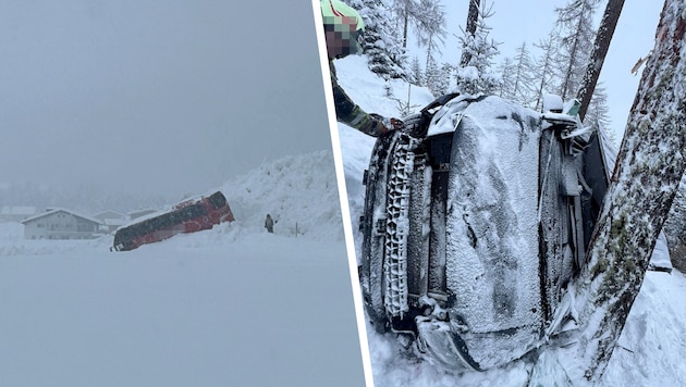 Im Lechtal wurde ein Bus von einer Lawine erfasst (li.), in Sölden stürzte ein Fahrzeug nach ...