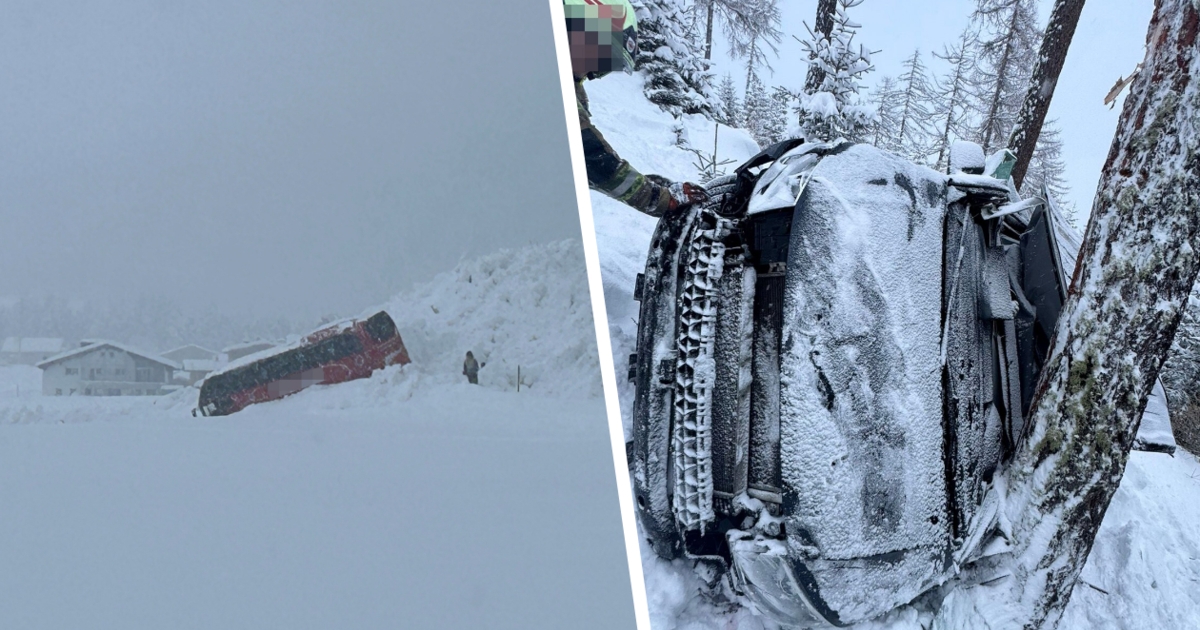 Bus von Lawine erfasst, Absturz nach Pflug-Crash