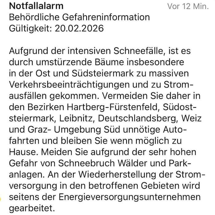 Diese Nachricht bekamen Handynutzer in den Bezirken der südlichen Steiermark auf ihre Handys.