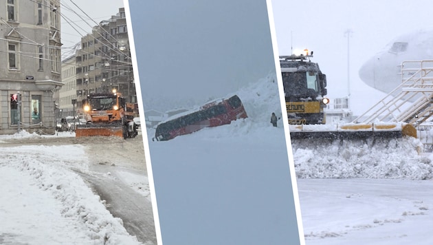 The massive amounts of snow caused chaos in Vienna (left). In Tyrol, an avalanche hit a bus ...