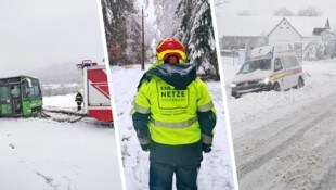 Vor den Schneemassen waren auch Busse und Einsatzfahrzeuge nicht gefeit (Bilder aus Wildon). ...