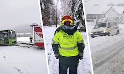Vor den Schneemassen waren auch Busse und Einsatzfahrzeuge nicht gefeit (Bilder aus Wildon). ...