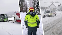 Vor den Schneemassen waren auch Busse und Einsatzfahrzeuge nicht gefeit (Bilder aus Wildon). ...