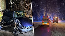 Das Auto wurde komplett demoliert. Polizei, Rettung und Feuerwehr rückten an.