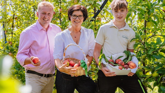 Die neue Landesbäuerin Ursula Reiter mit Mann und Sohn auf ihrer Apfelplantage nahe Gleisdorf