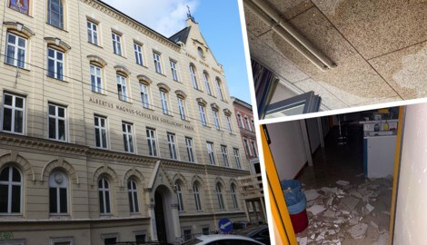 Das private Albertus Magnus Gymnasium in Währing. Putz fällt von Decken und Wänden. Die Mauern ...