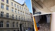 Die Schule in der Sempergasse 45. Rechts: Putz fiel von Mauer, die Physiksaal-Decke stürzte ...