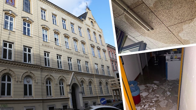 The private Albertus Magnus Gymnasium in Währing. Plaster is falling from ceilings and walls. ...