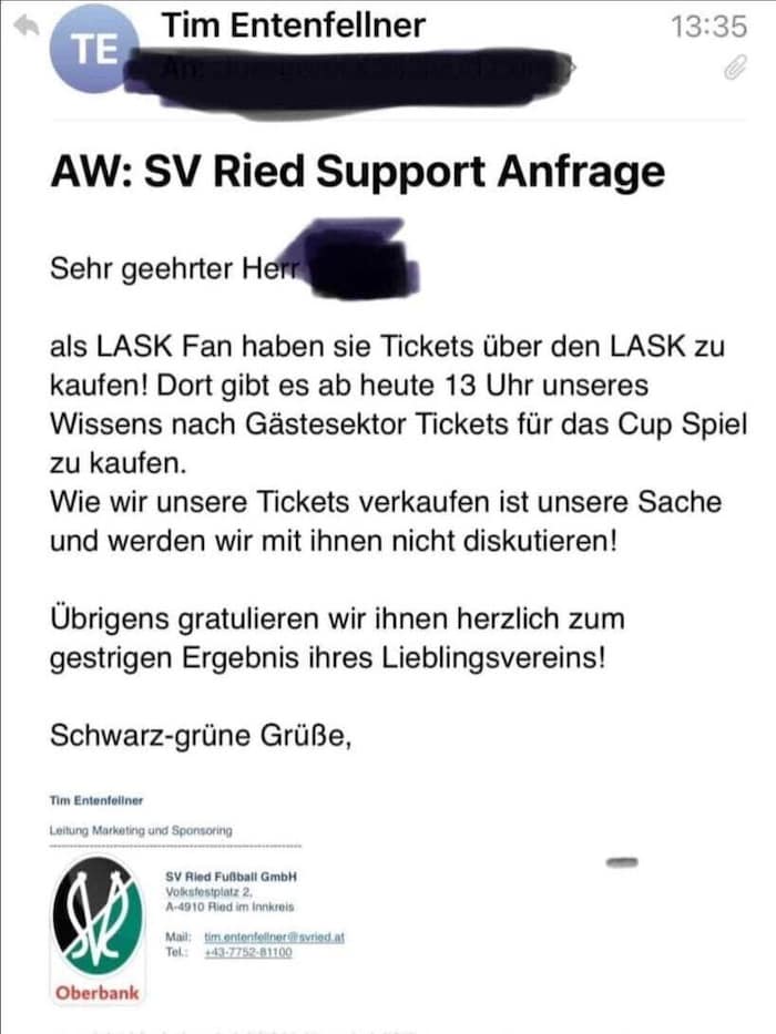 Diese E-Mail versandte Rieds Marketingleiter.