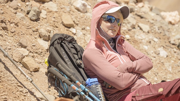 Stefanie Eigner auf dem Aconcagua in den argentinischen Anden, mit 6961 Metern der höchste Berg ...