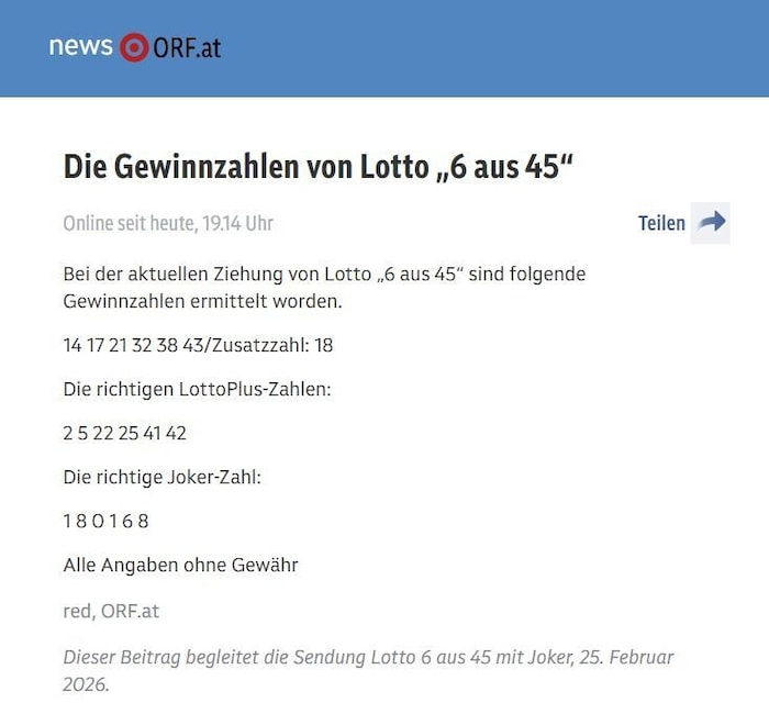 Screenshot der ORF-Homepage: Hier wurde die Zahl 32 angezeigt – tatsächlich gezogen wurde jedoch ...