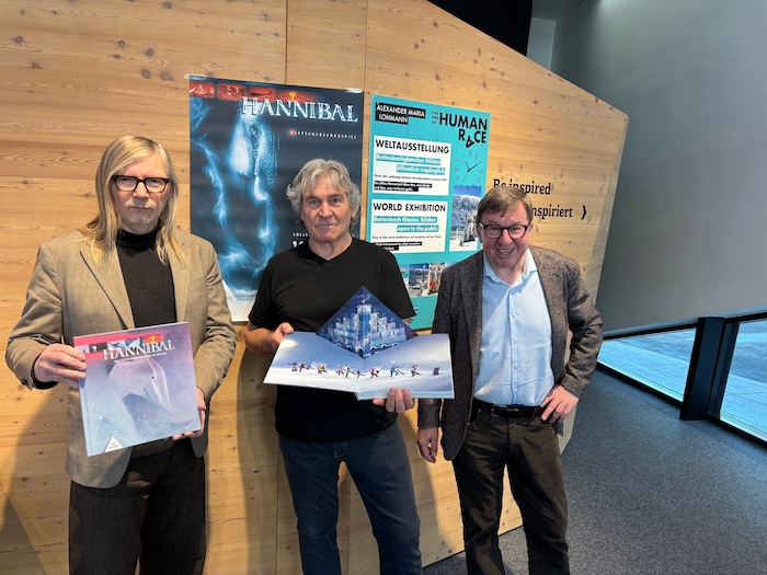 Regisseur Hubert Lepka, Ideengeber und Buchautor Ernst Lorenz sowie Seilbahner Jakob Falkner (v. ...