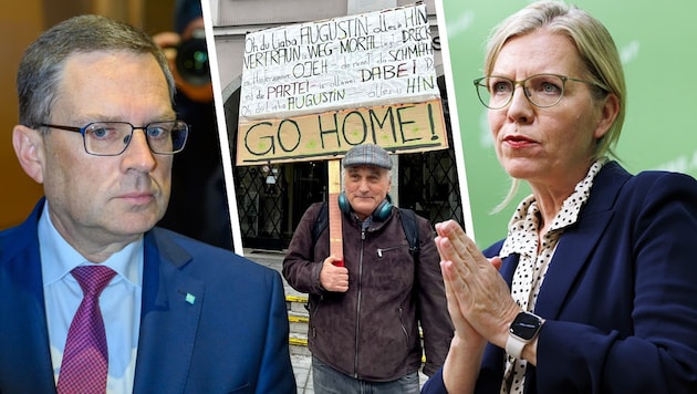 Ein Demonstrant machte vor dem Linzer Gericht gegen „den lieben Augustin“ mobil. Die ÖVP rückt ...