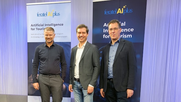 Schröcksnadel, Egger und Angerer (v. links) präsentierten die touristischen KI-Lösungen.
