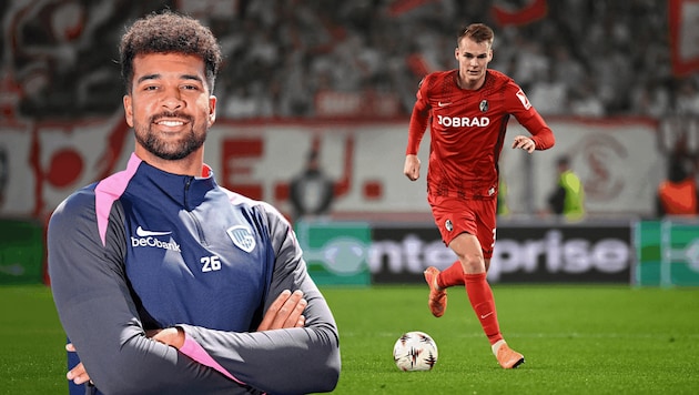 Tobias Lawal (l.) trifft mit Genk auf Philipp Lienharts (r.) SC Freiburg.