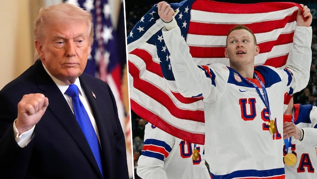 Eishockey-Olympiasieger Brady Tkachuk (re.) ist wohl nicht gut auf US-Präsident Donald Trump zu ...