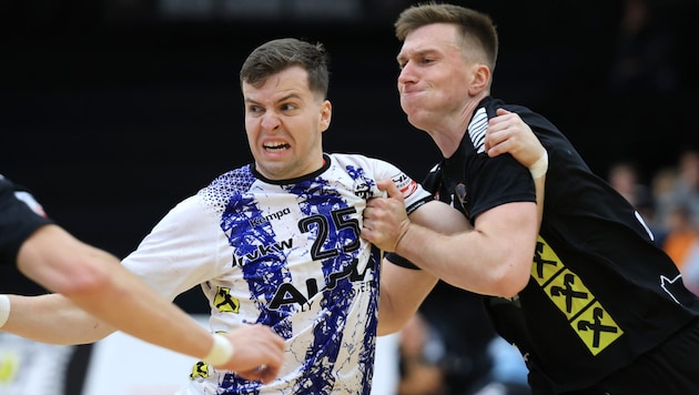 Hards Marc-Andre Haunold (l.) will sich mit seinen Kollegen erneut gegen Graz durchsetzen.