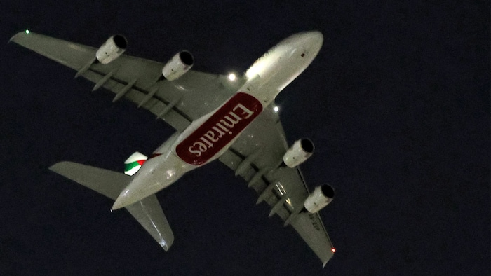 The Emirates Airbus A380 left Dubai International Airport on Monday evening.