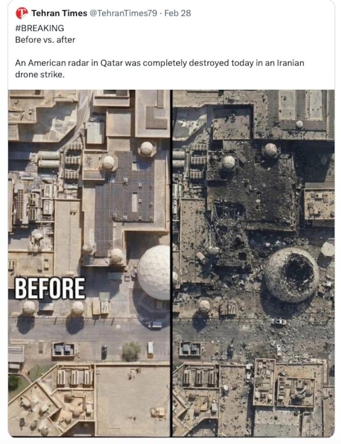 „US-Radar in Katar komplett zerstört“, steht hier zu lesen. Das Bild stammt aber vom 10. Februar ...