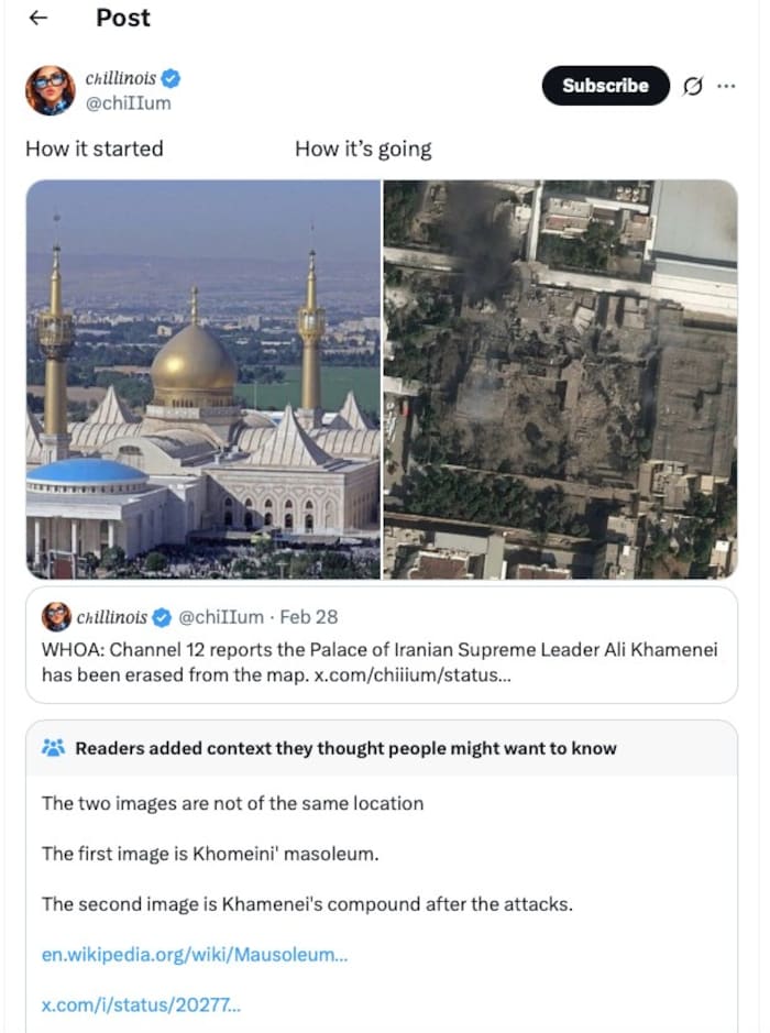 „Khameneis Palast zerstört“, heißt es hier. Das rechte Bild ist auch echt – das linke aber zeigt ...