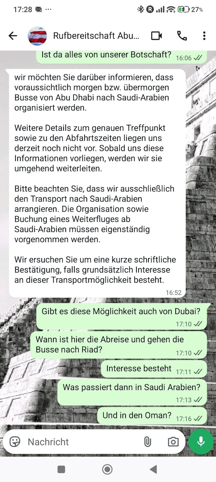 Ausriss der unglückliche Kommunikation mit der heimischen Botschaft.