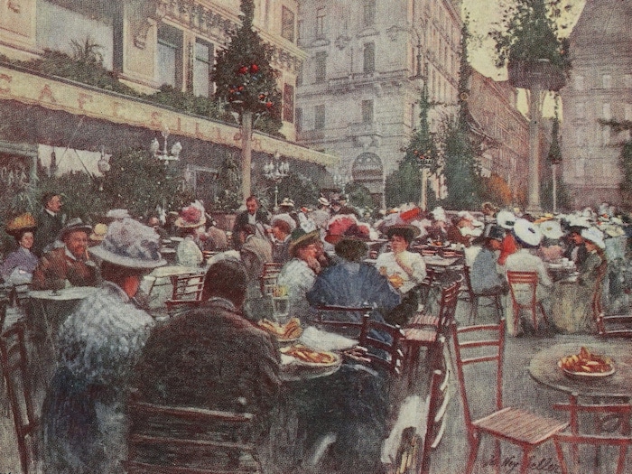 1910 blühte das Stadtleben am Schwedenplatz (Postkarte des „Café Siller“ an der Ecke zur ...