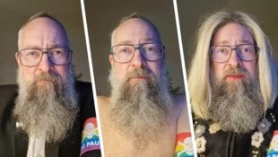 Im Sakko, ohne T-Shirt und mit Perücke und Lippenstift verlas Dowalil die Ehrenerklärung.