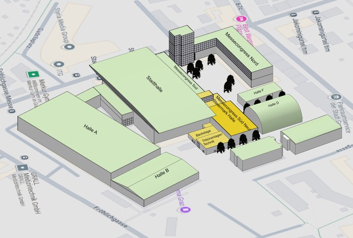 Der Kongresssaal soll am Areal der Hall C gebaut werden und an die Stadthalle anschließen.
