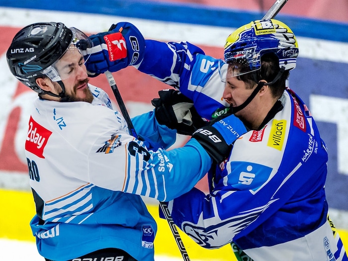 Dem VSV gelang gegen Linz (li. Moro) der erste Treffer – 1:0 in der Serie.