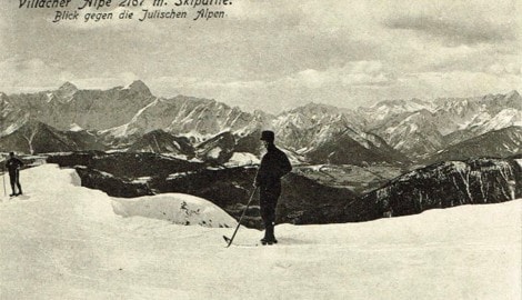 Skifahrer am Dobratsch um 1914.