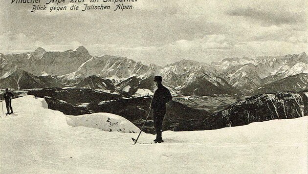 Skifahrer am Dobratsch um 1914.