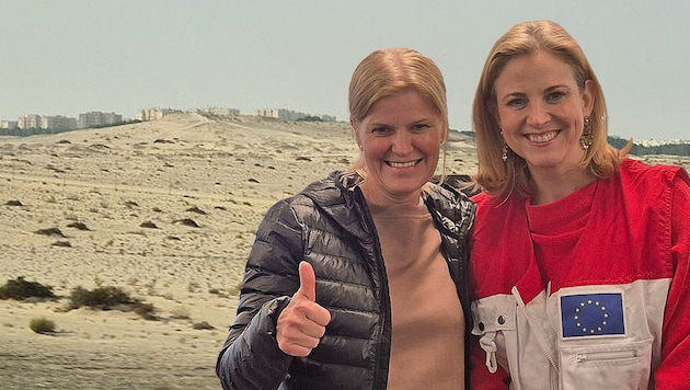 Für Andrea Koller (links) ging es 16 Stunden in die Wüste, in Wien-Schwechat traf sie ...