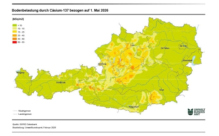Die Karte des Umweltbundesamtes zeigt, wo und in welchem Ausmaß heimische Böden mit Cäsium-137 ...