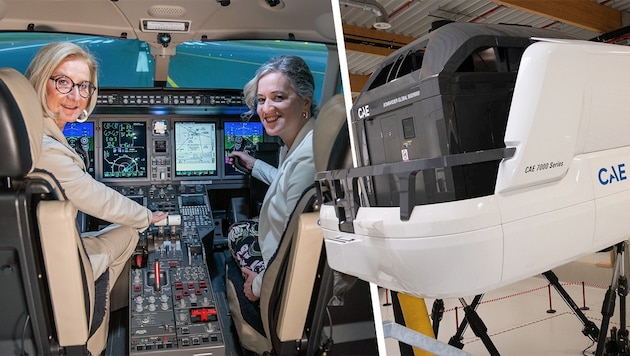 High-Tech- Flugsimulatoren aus Kanada stehen bei CAE bereit. Mikl-Leitner und Grant (re.) ...