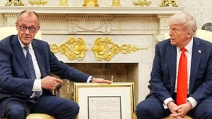 Von links: Deutschlands Bundeskanzler Friedrich Merz und US-Präsident Donald Trump bei einem ...