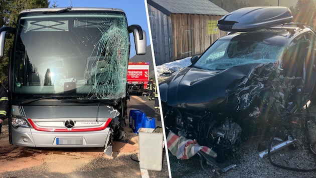 Der Reisebus und das Auto wurden massiv beschädigt.
